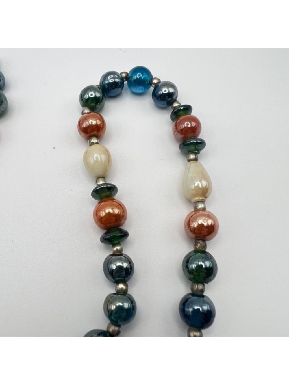 Vintage Glass Bead Necklace Blue Green Orange Cream Artisan 23" Barrel Clasp - Picture 7 of 8